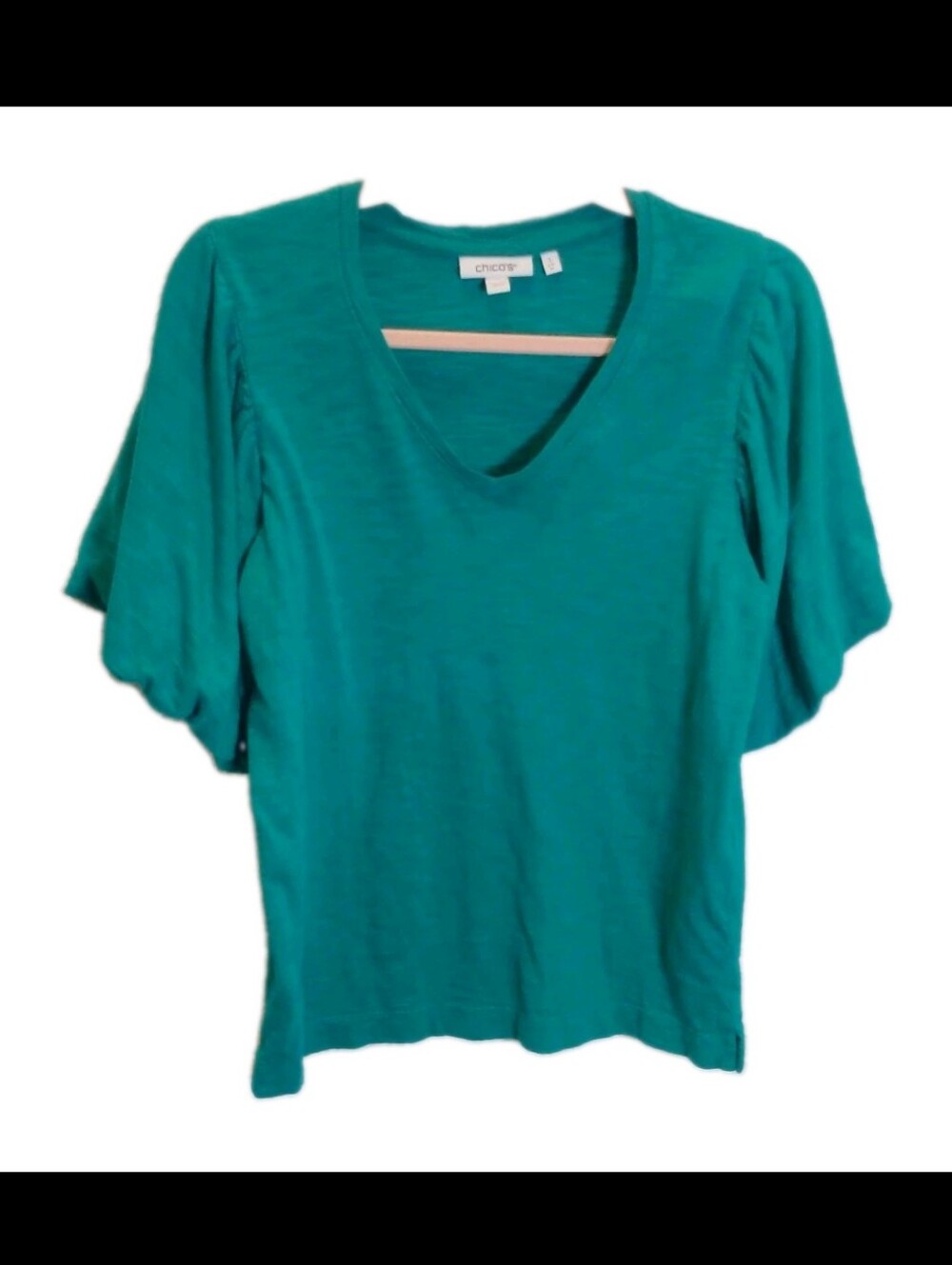 Chico’s Teal Green Flutter Sleeve V Neck Top Size 1 M Cotton Modal